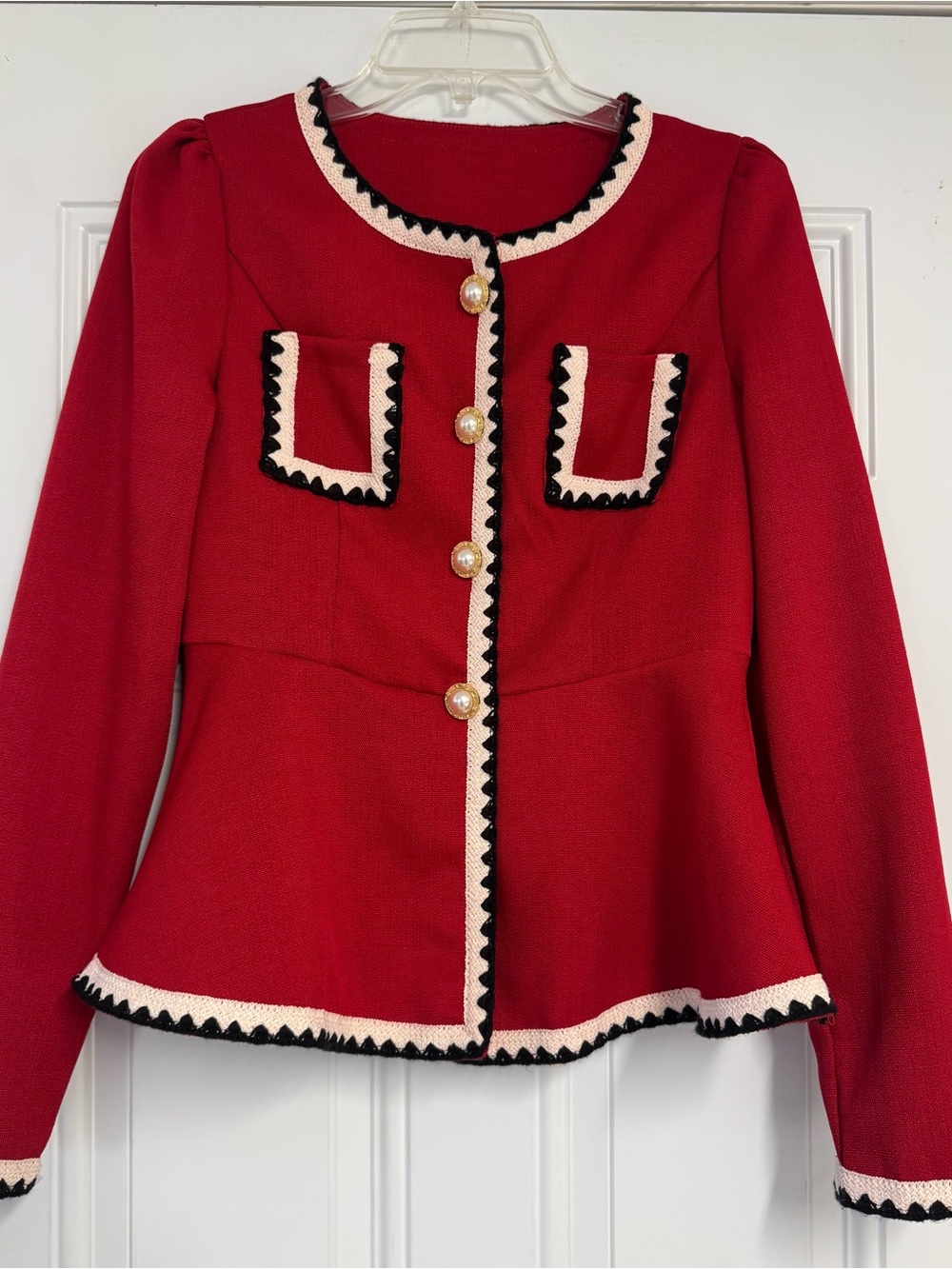 Red Peplum Blazer with Cream & Black Trim
